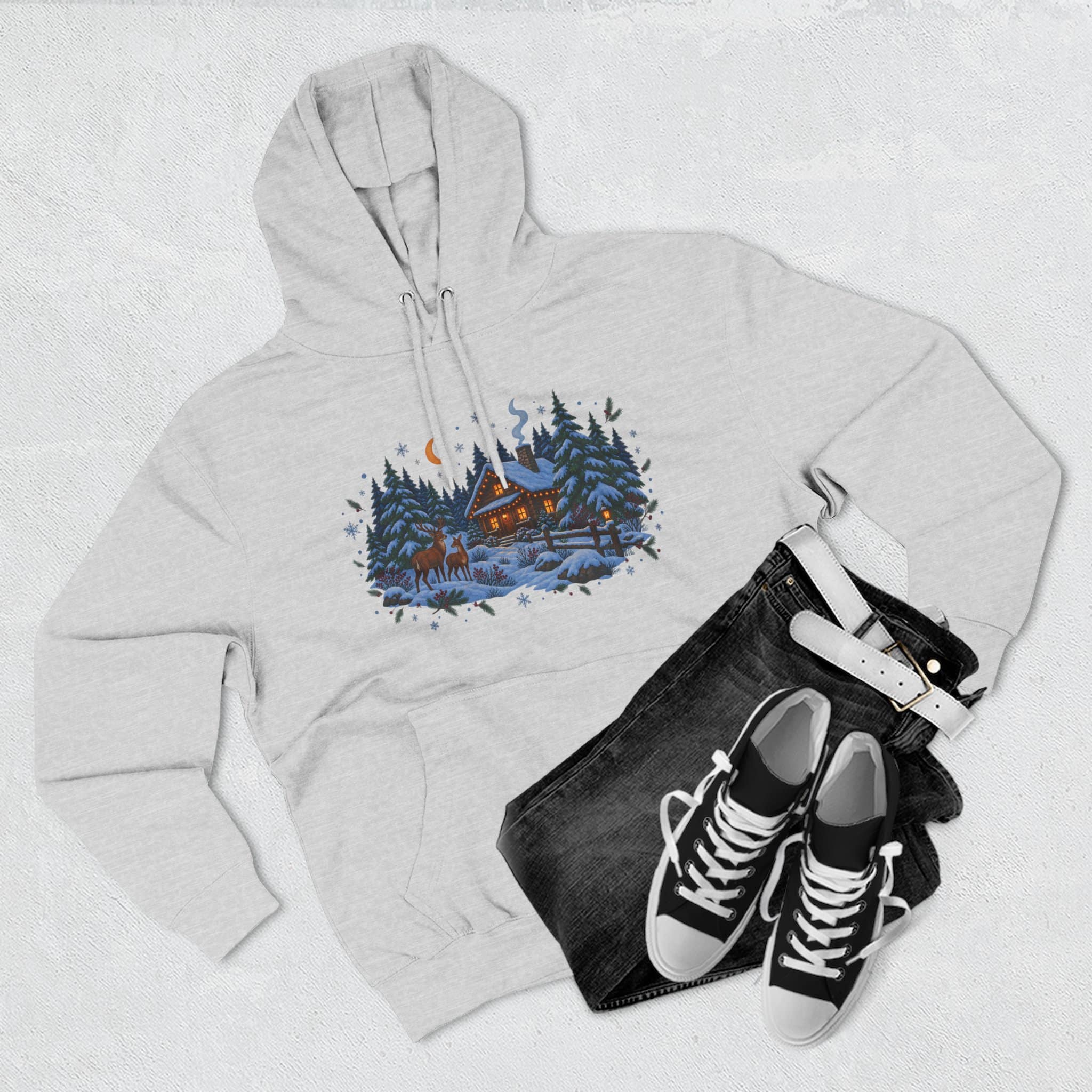 Woodland Winter Cabin Hoodie - Cozy Christmas Forest Stag Pine Trees Snowy Cabin Hoodie - Image 7