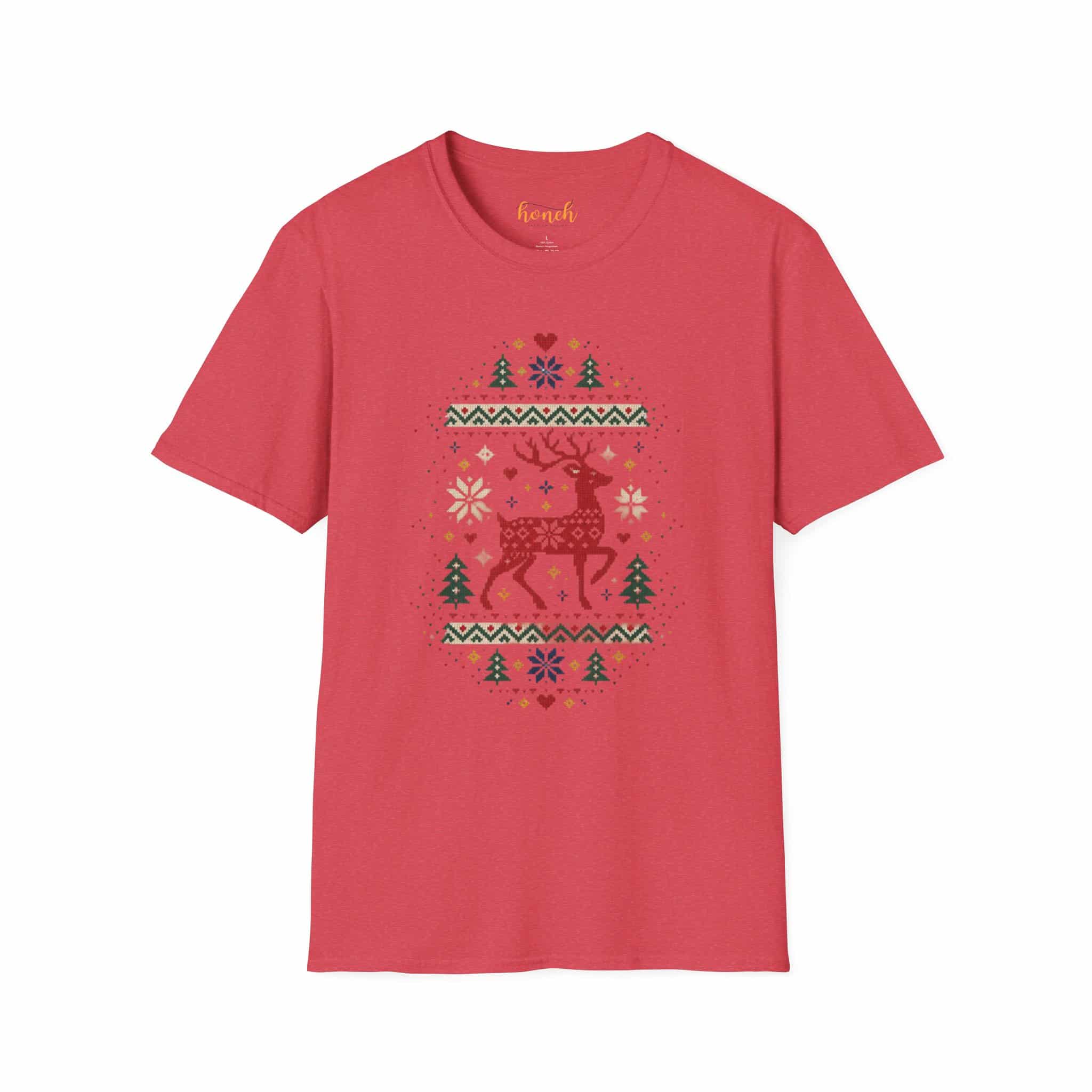 Fair Isle Reindeer Unisex Softstyle T-Shirt - Knit-Look Christmas Graphic Tee - Image 37