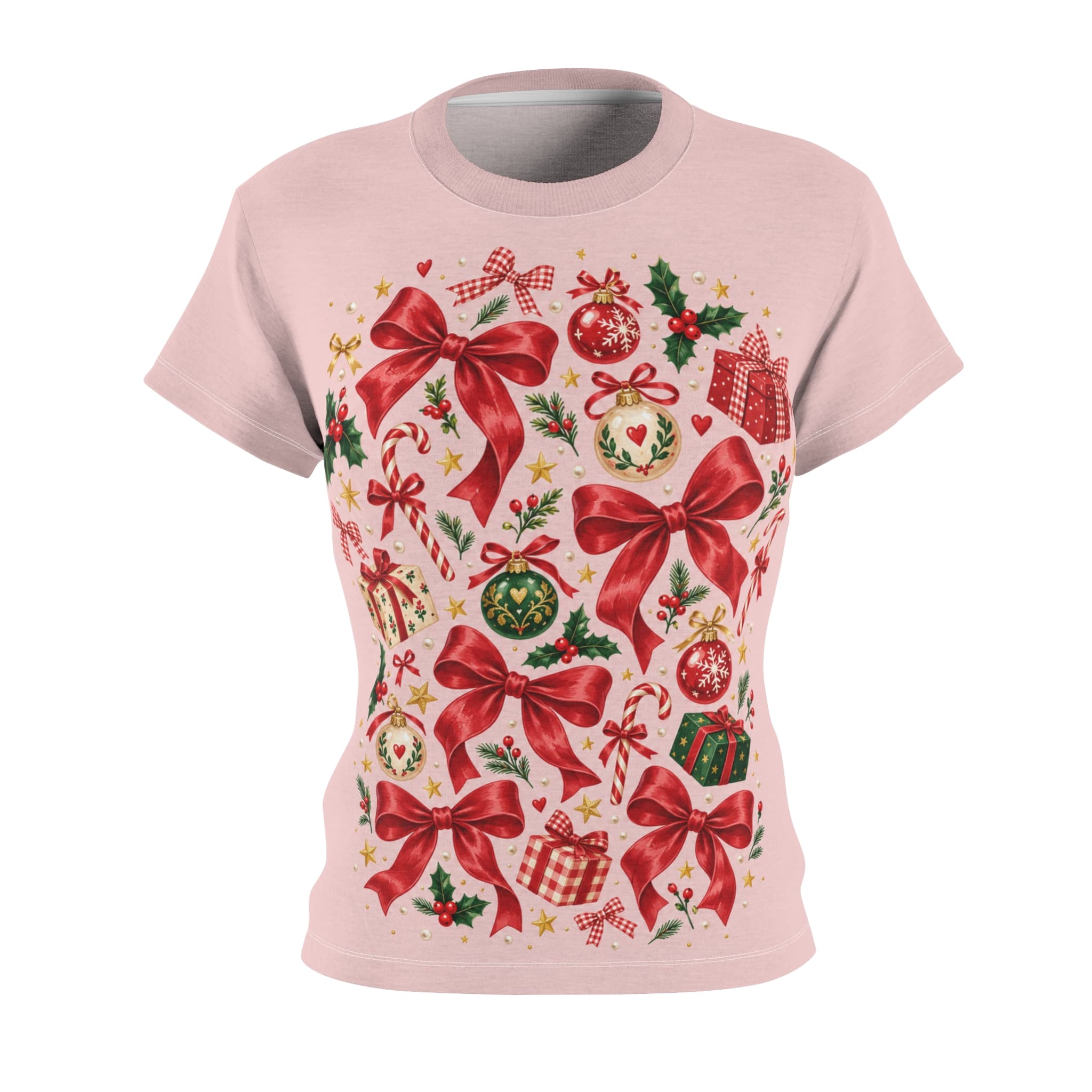 Women’s Tee Pink Christmas Bows & Ornaments Shirt - Image 3