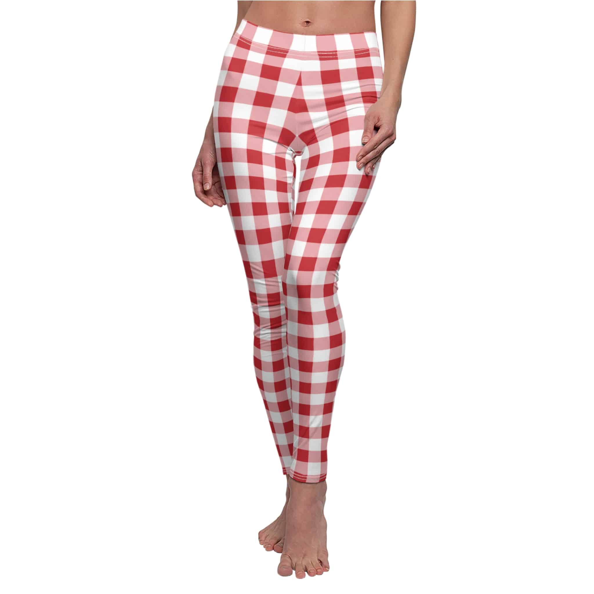 Red gingham leggings with a bold classic check, shown on a model against a white background