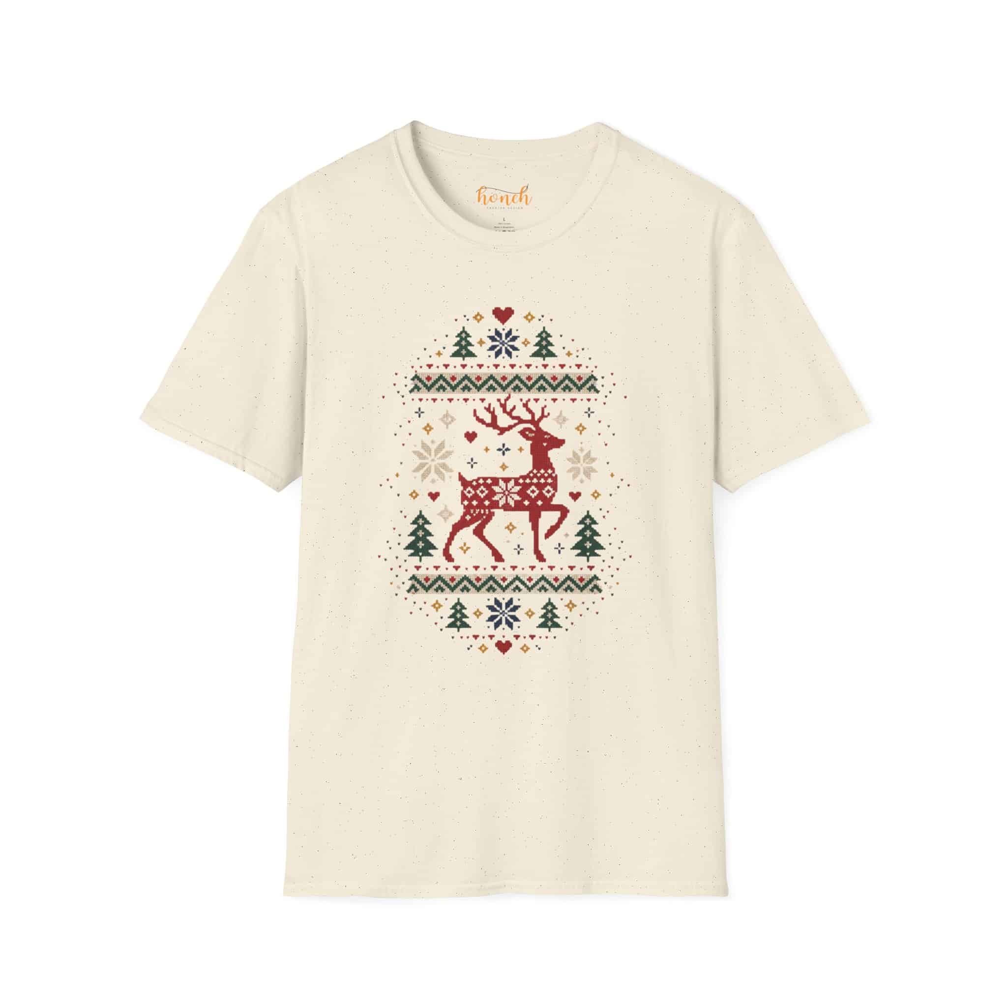 Fair Isle Reindeer Unisex Softstyle T-Shirt - Knit-Look Christmas Graphic Tee - Image 16