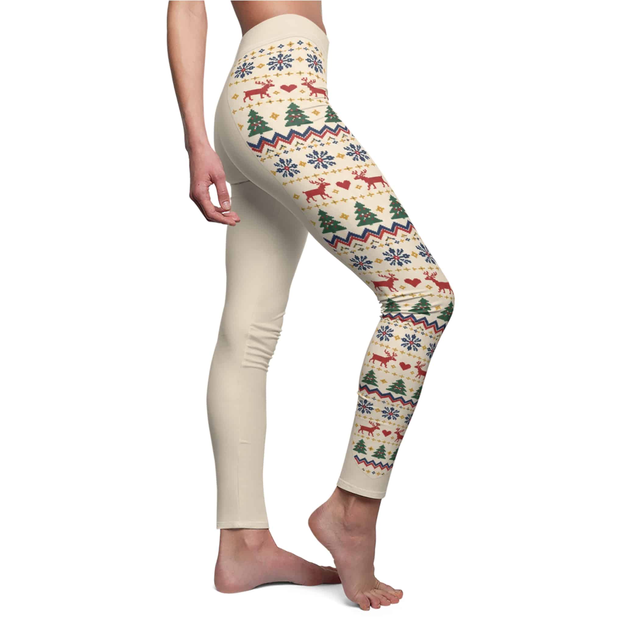 Cream Winter Fair Isle Leggings - Red & Navy Reindeer Snowflake Panel - Image 2