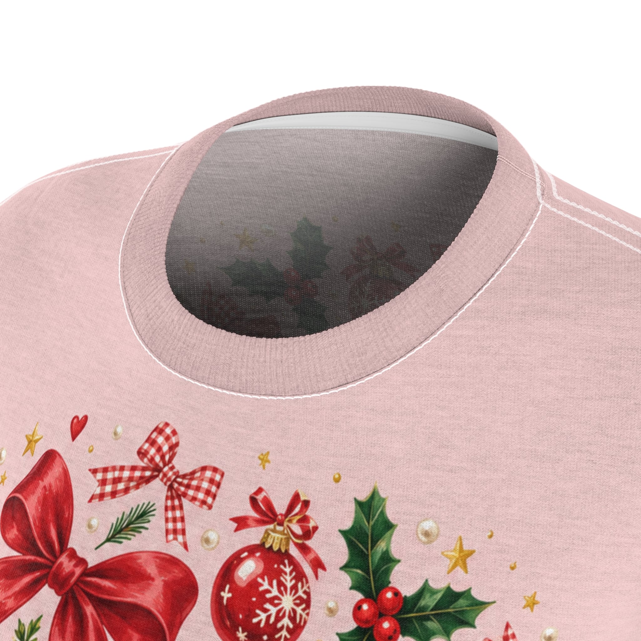 Women’s Tee Pink Christmas Bows & Ornaments Shirt - Image 6