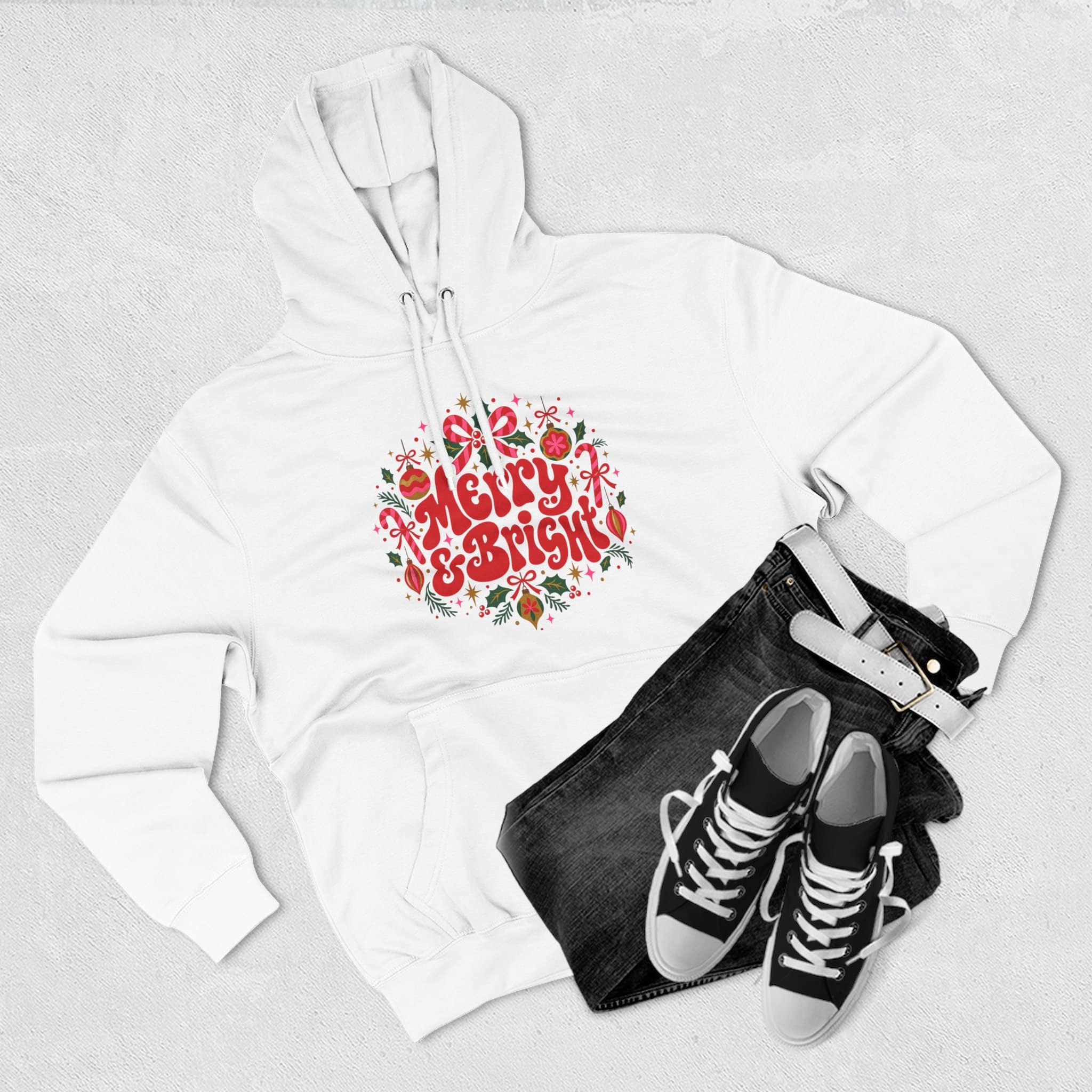 Merry and Bright Christmas Hoodie - Retro Groovy Holiday Ornaments Candy Cane Christmas Hoodie - Image 2