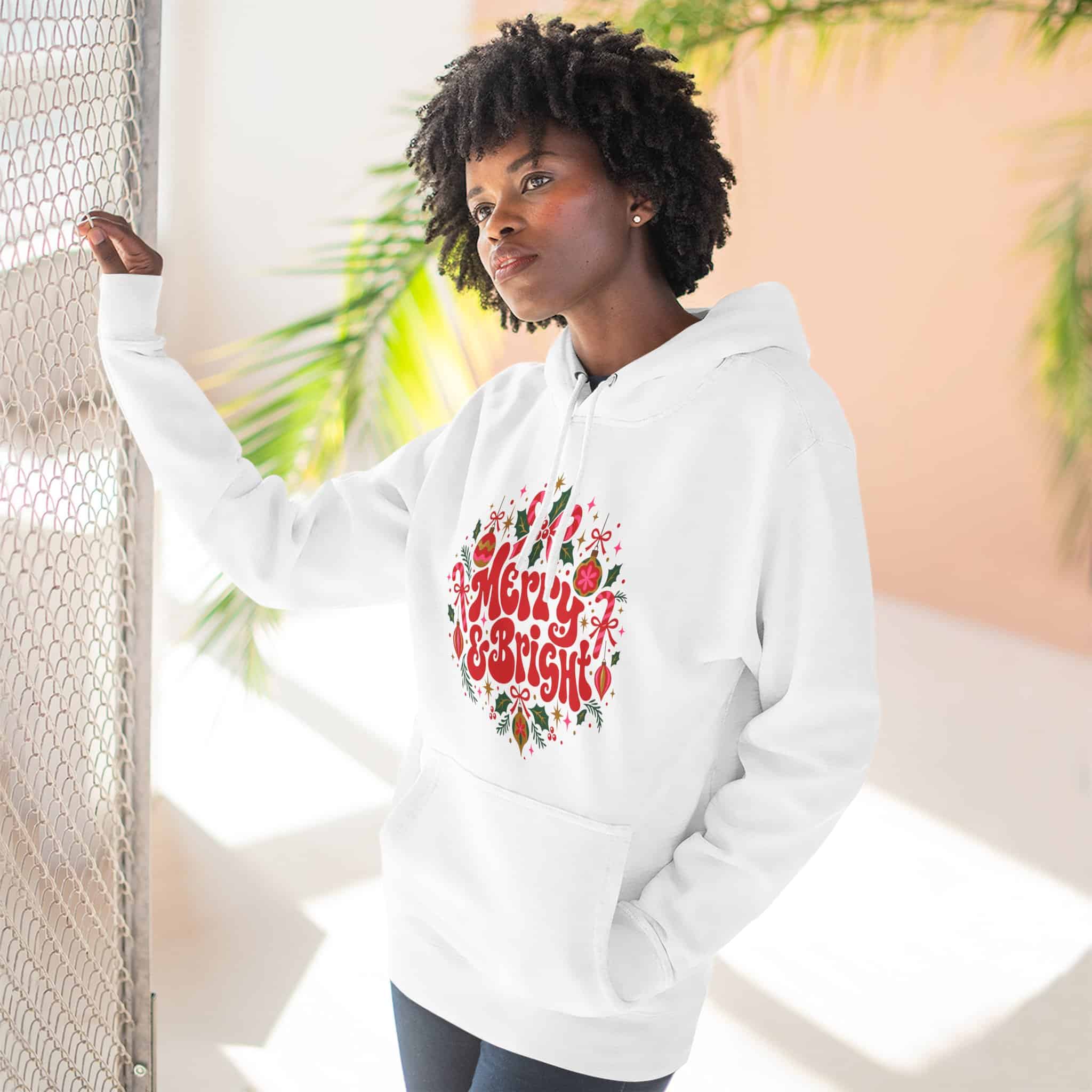 Merry and Bright Christmas Hoodie  - Retro Groovy Holiday Ornaments Candy Cane Christmas Hoodie