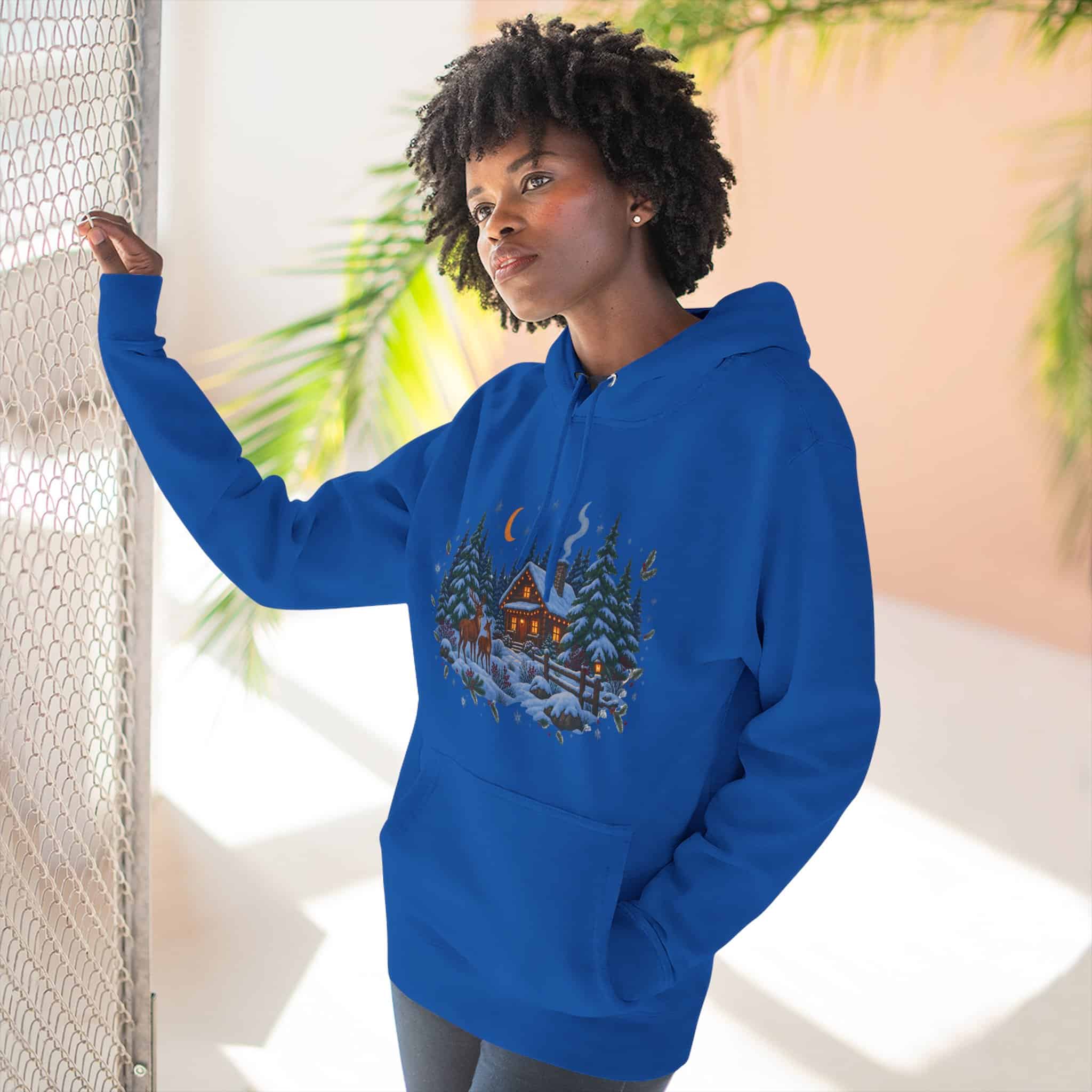 Woodland Winter Cabin Hoodie - Cozy Christmas Forest Stag Pine Trees Snowy Cabin Hoodie - Image 26