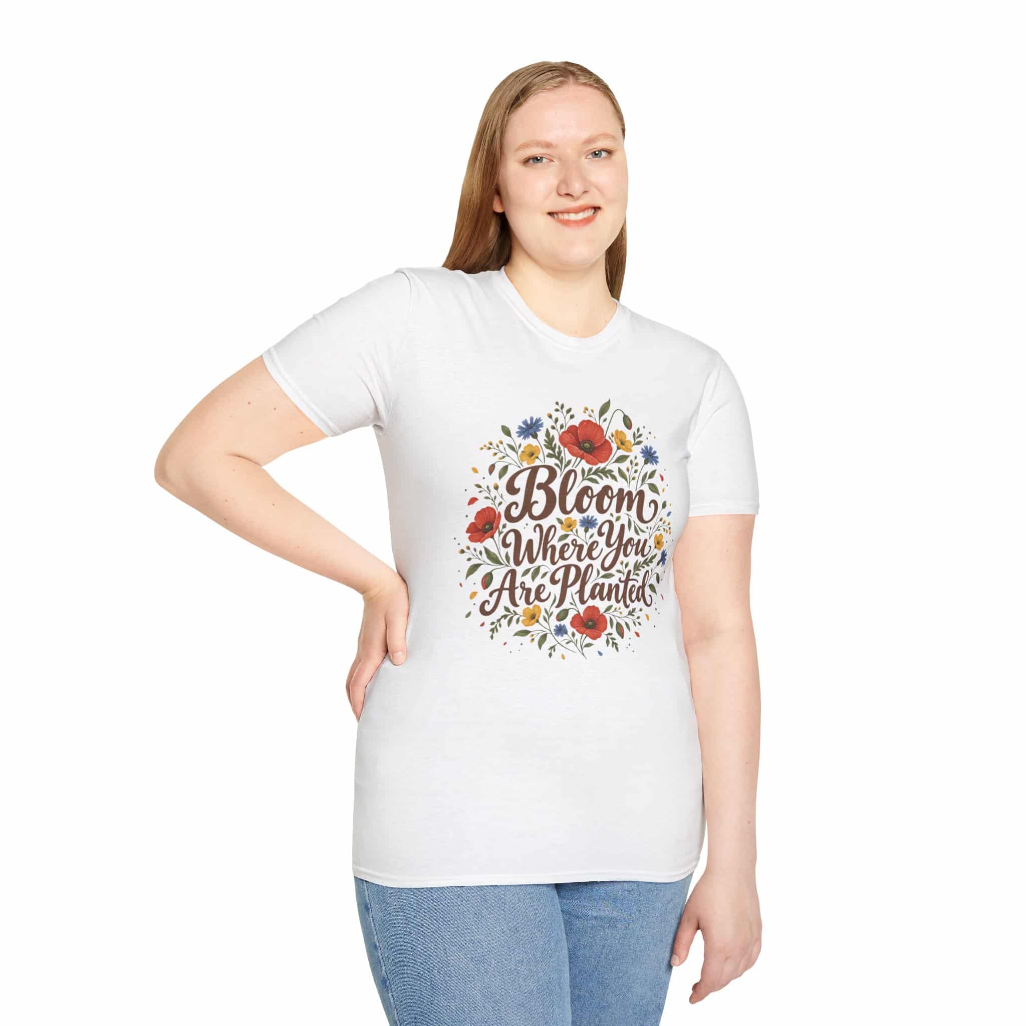 Bloom Where You Are Planted Unisex Softstyle T-Shirt - Wildflower Quote Graphic Tee - Image 5