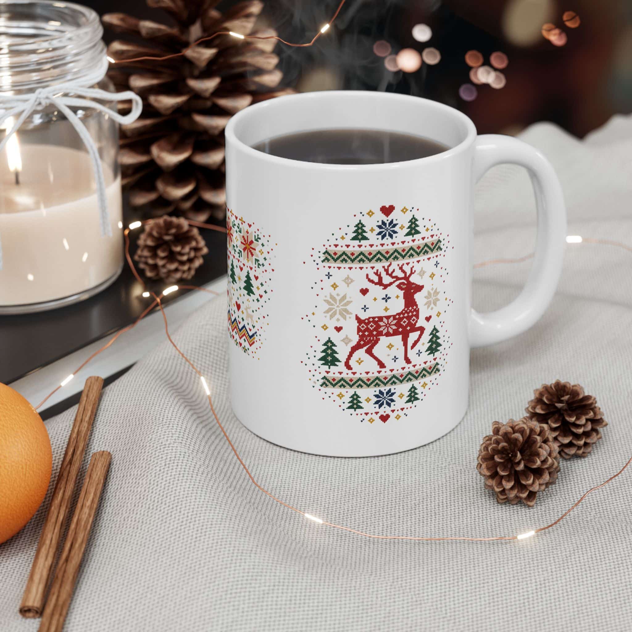 Fair Isle Reindeer Christmas Mug — Nordic Knit-Look Holiday Coffee Cup (11oz/15oz)