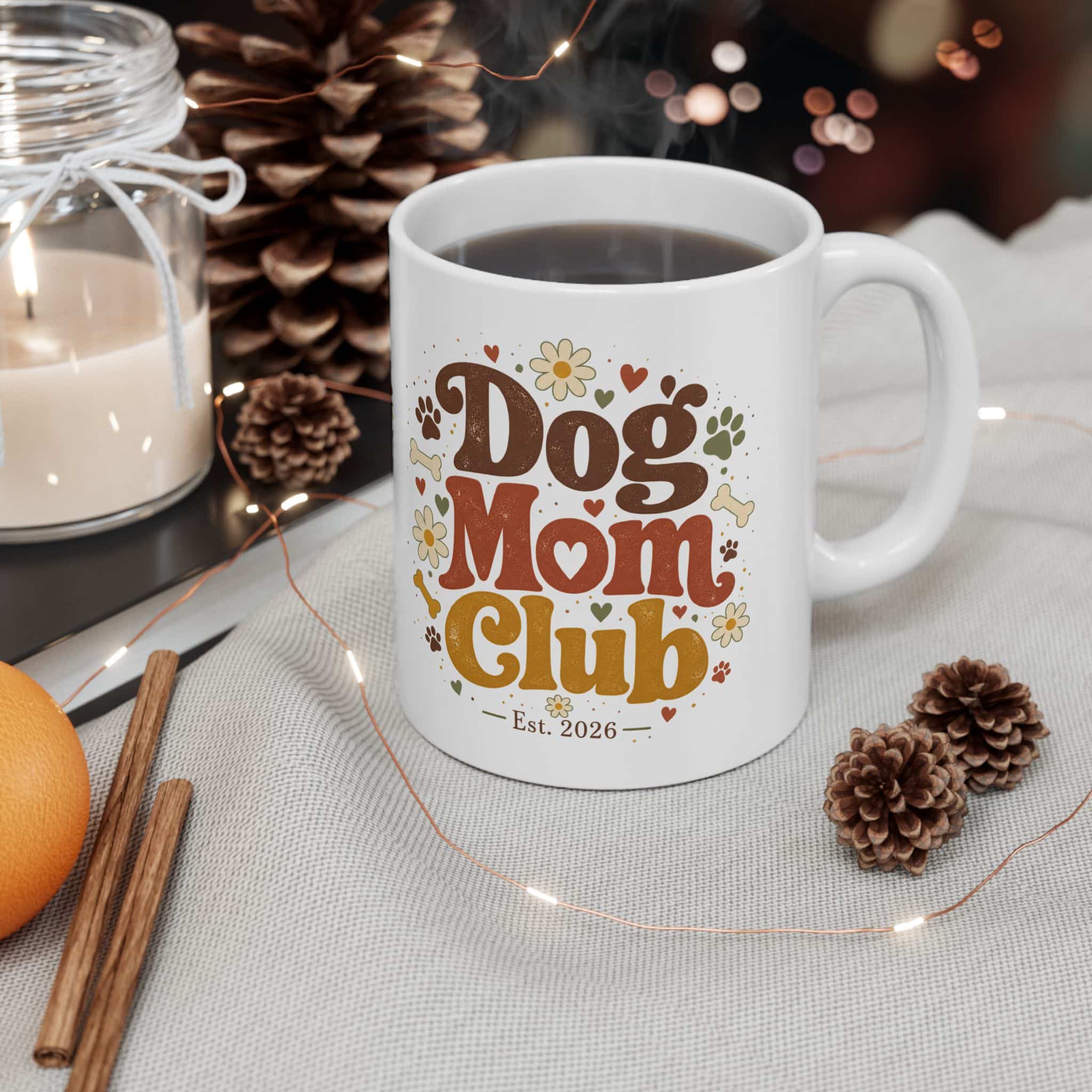 Dog Mom Club Ceramic Mug — Retro Paw Print Coffee Cup for Dog Lovers (11oz/15oz)