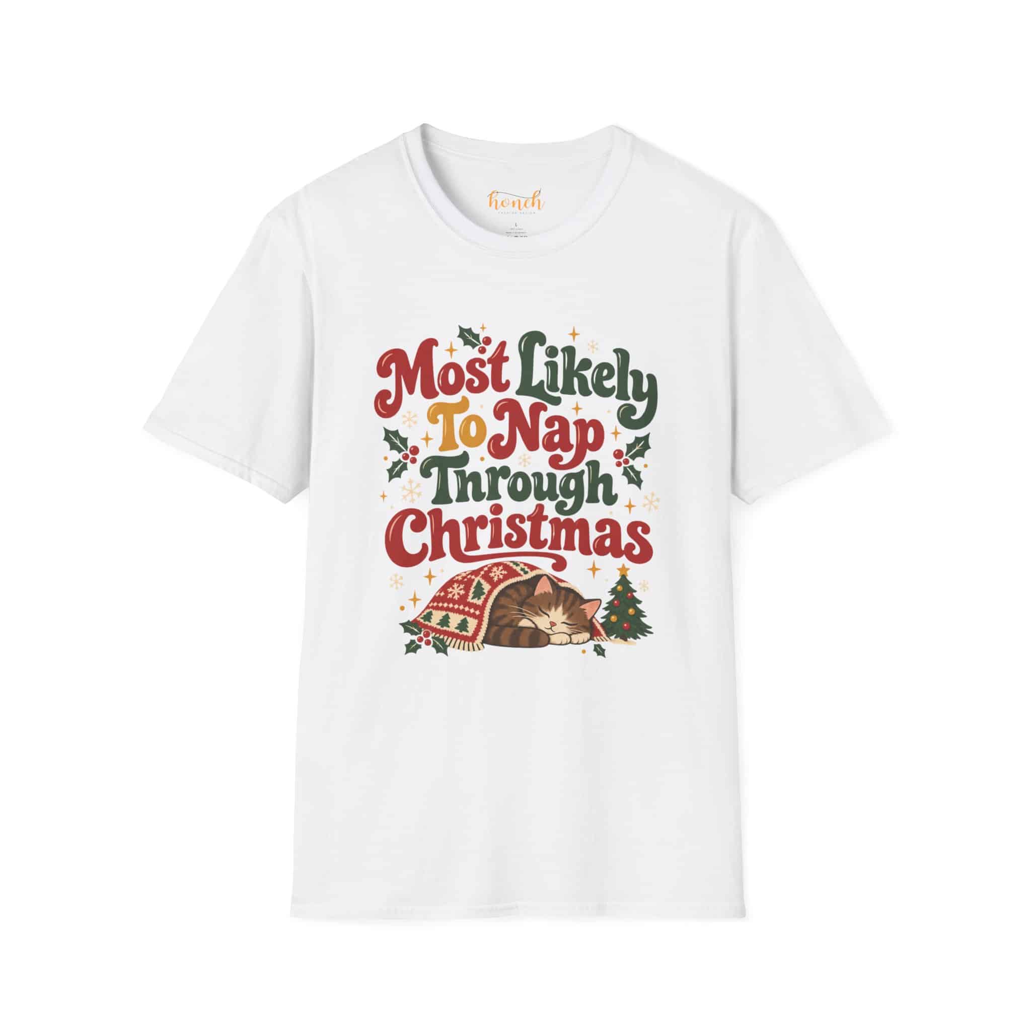 Most Likely To Nap Through Christmas Unisex Softstyle T-Shirt | Funny Holiday Graphic Tee - Image 2