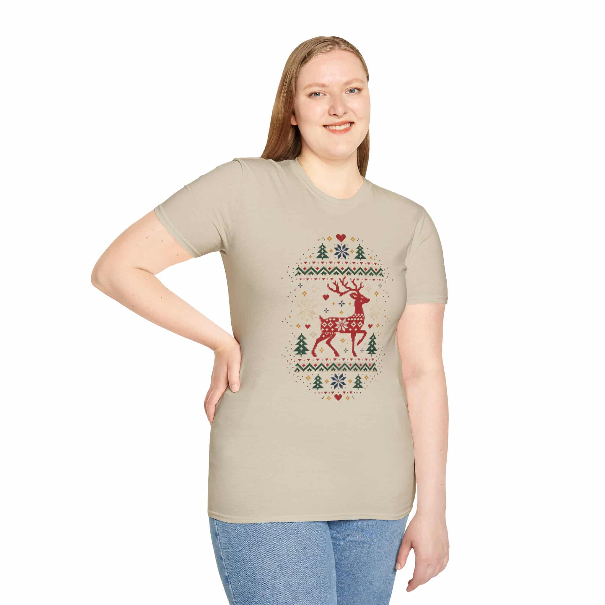Fair Isle Reindeer Unisex Softstyle T-Shirt - Knit-Look Christmas Graphic Tee - Image 12