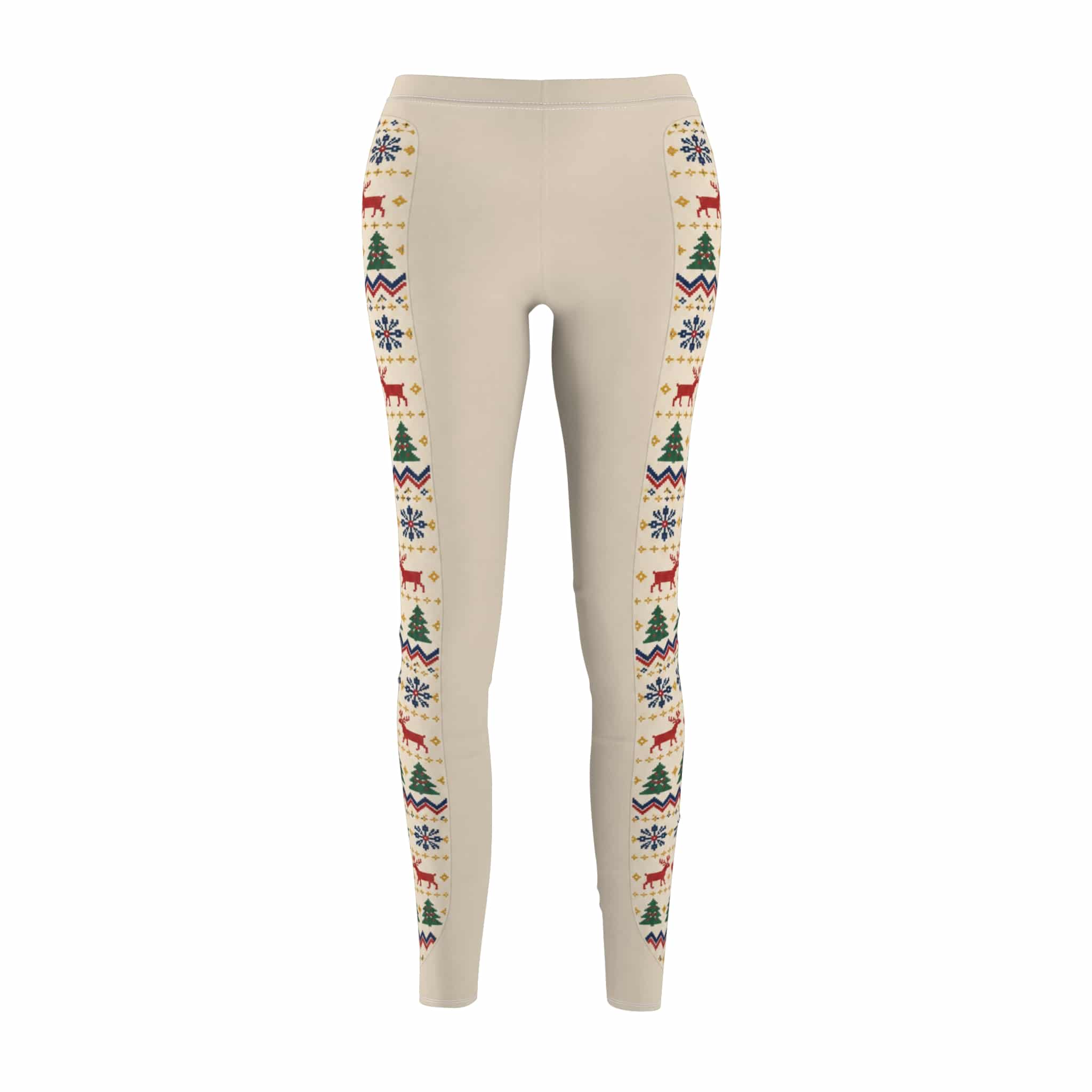 Cream Winter Fair Isle Leggings - Red & Navy Reindeer Snowflake Panel - Image 4