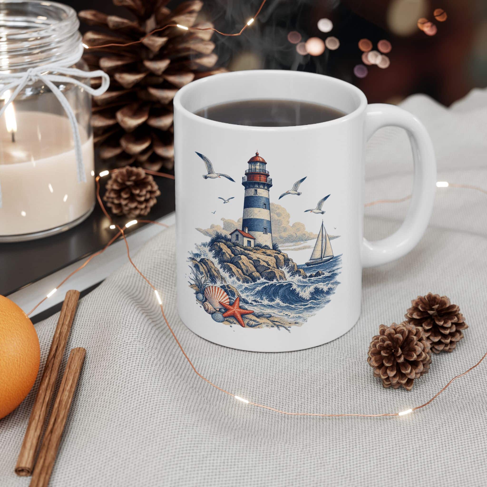 Nautical Lighthouse & Sailboat Ceramic Mug — Seaside Coastal Coffee Cup (11oz/15oz)