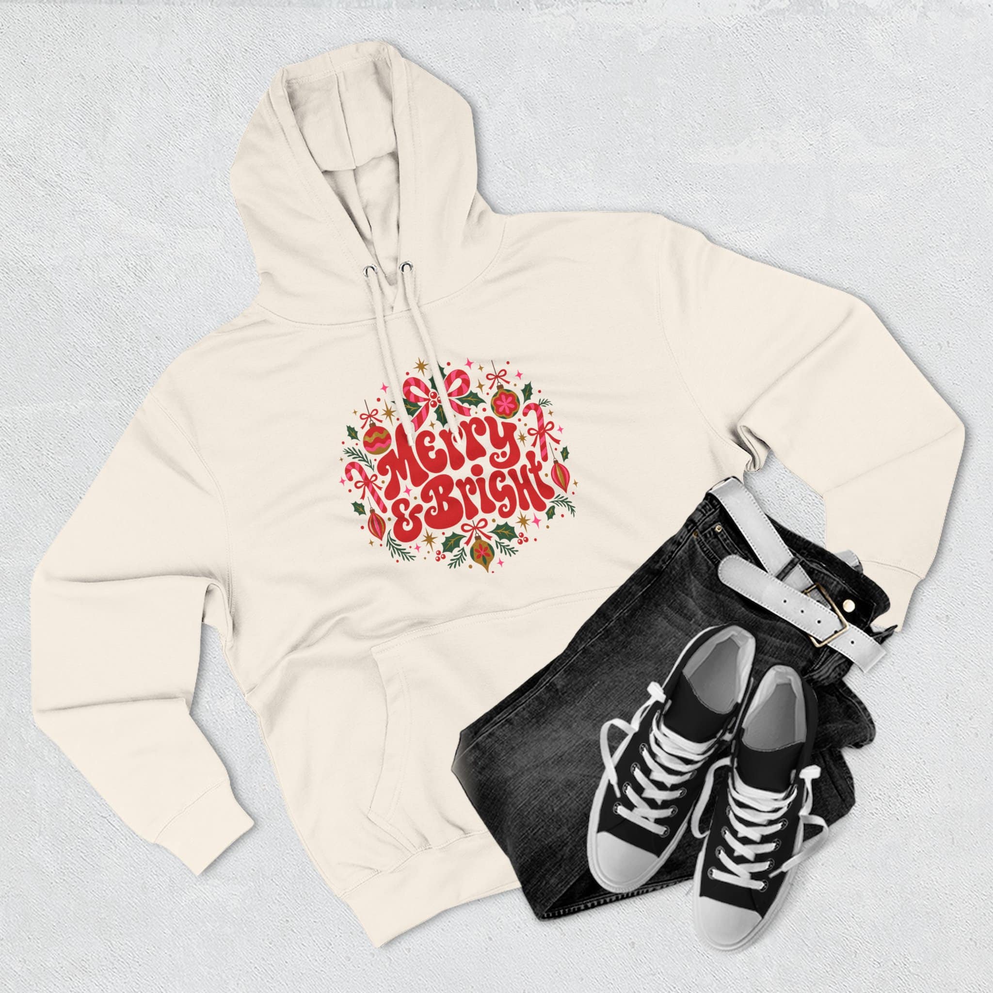 Merry and Bright Christmas Hoodie - Retro Groovy Holiday Ornaments Candy Cane Christmas Hoodie - Image 12
