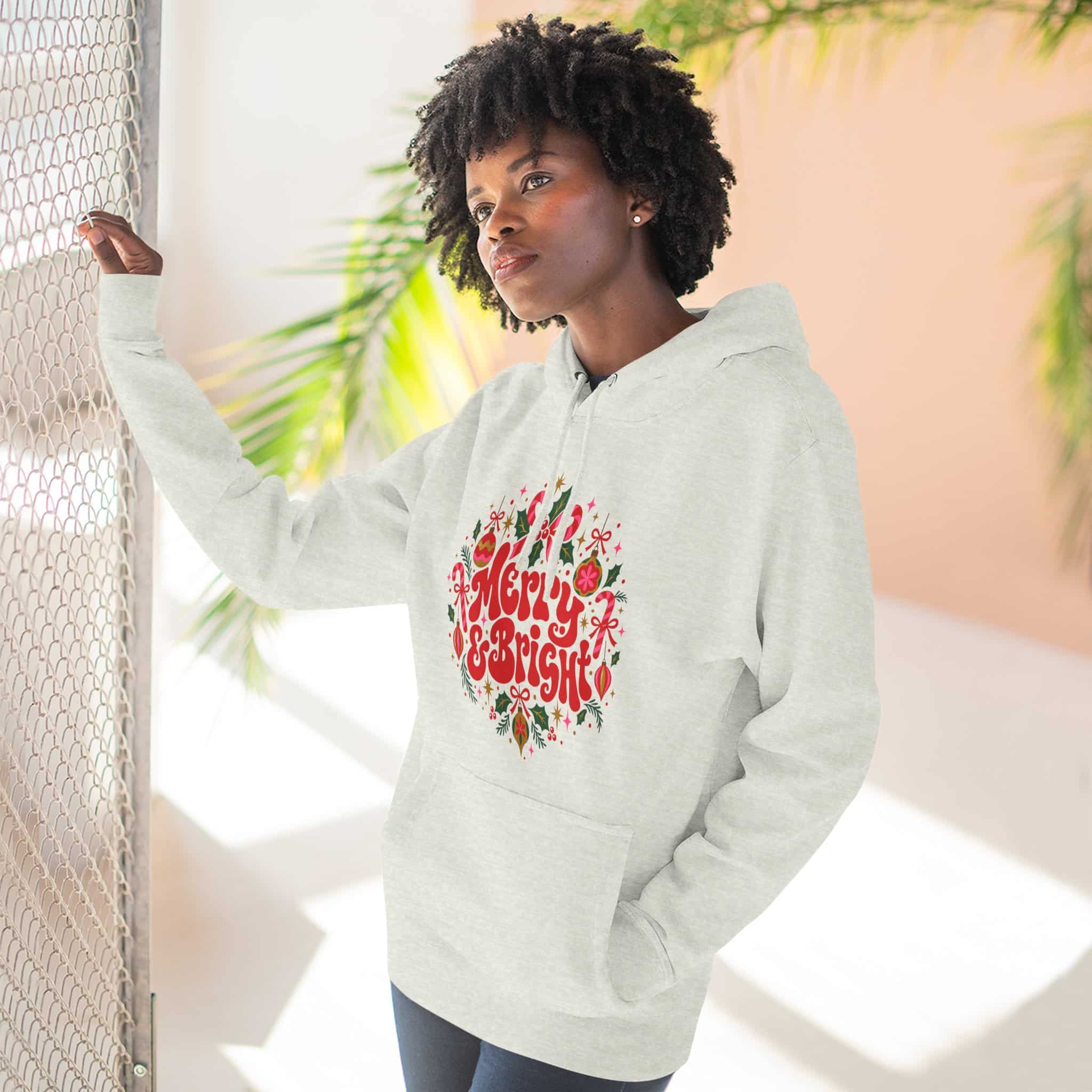 Merry and Bright Christmas Hoodie - Retro Groovy Holiday Ornaments Candy Cane Christmas Hoodie - Image 21