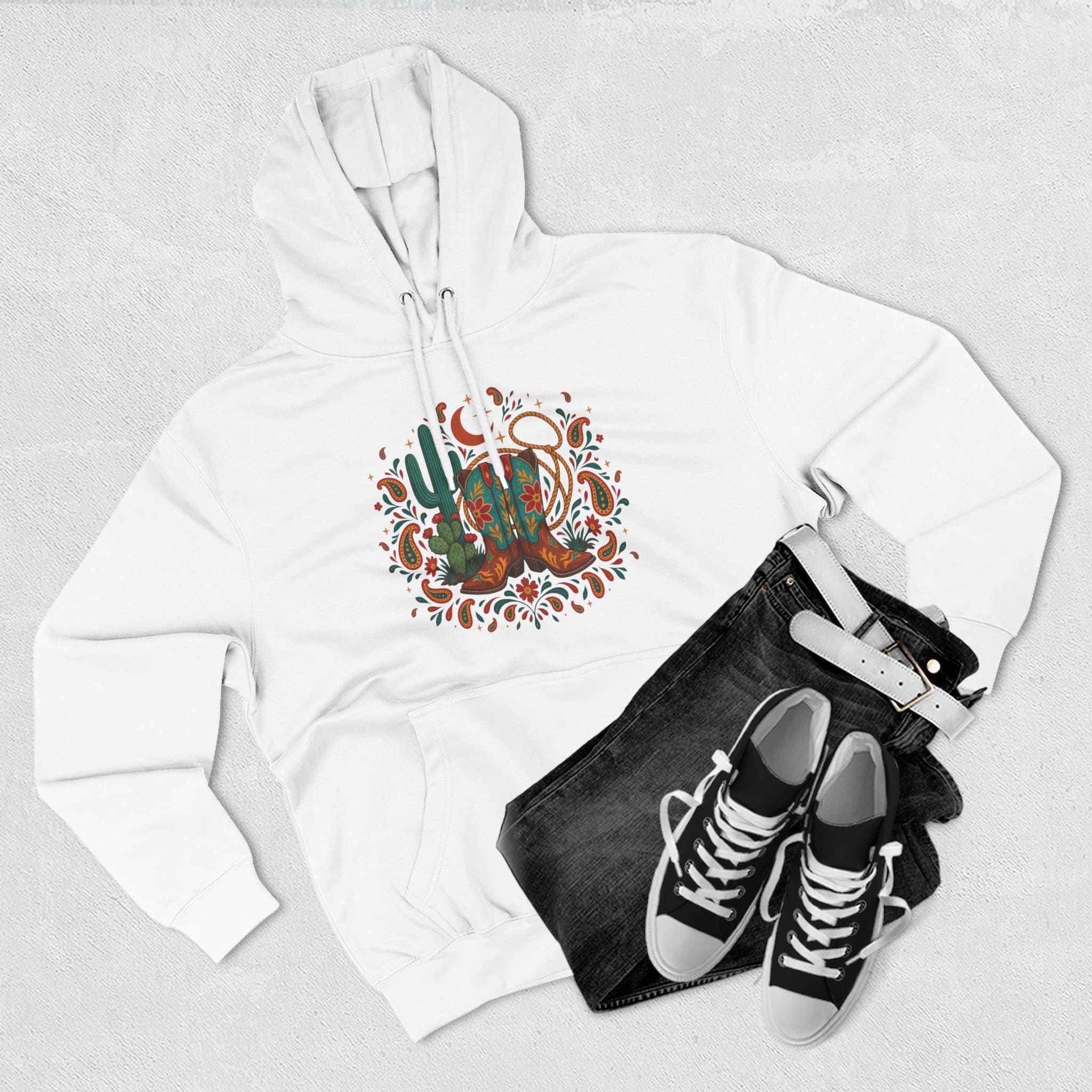 Western Desert Cowgirl Hoodie - Cowboy Boots Cactus Bandana Paisley Boho Hoodie - Image 2