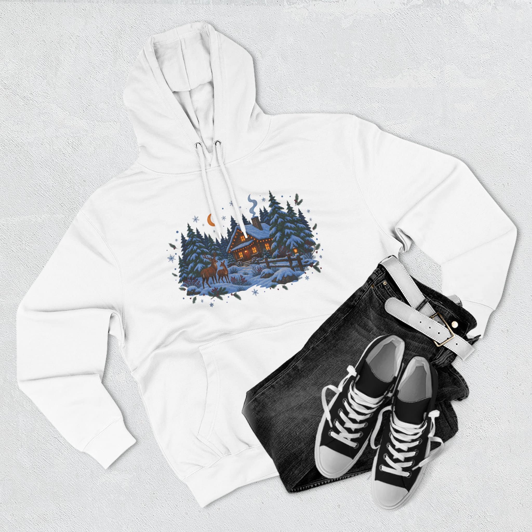 Woodland Winter Cabin Hoodie - Cozy Christmas Forest Stag Pine Trees Snowy Cabin Hoodie - Image 2