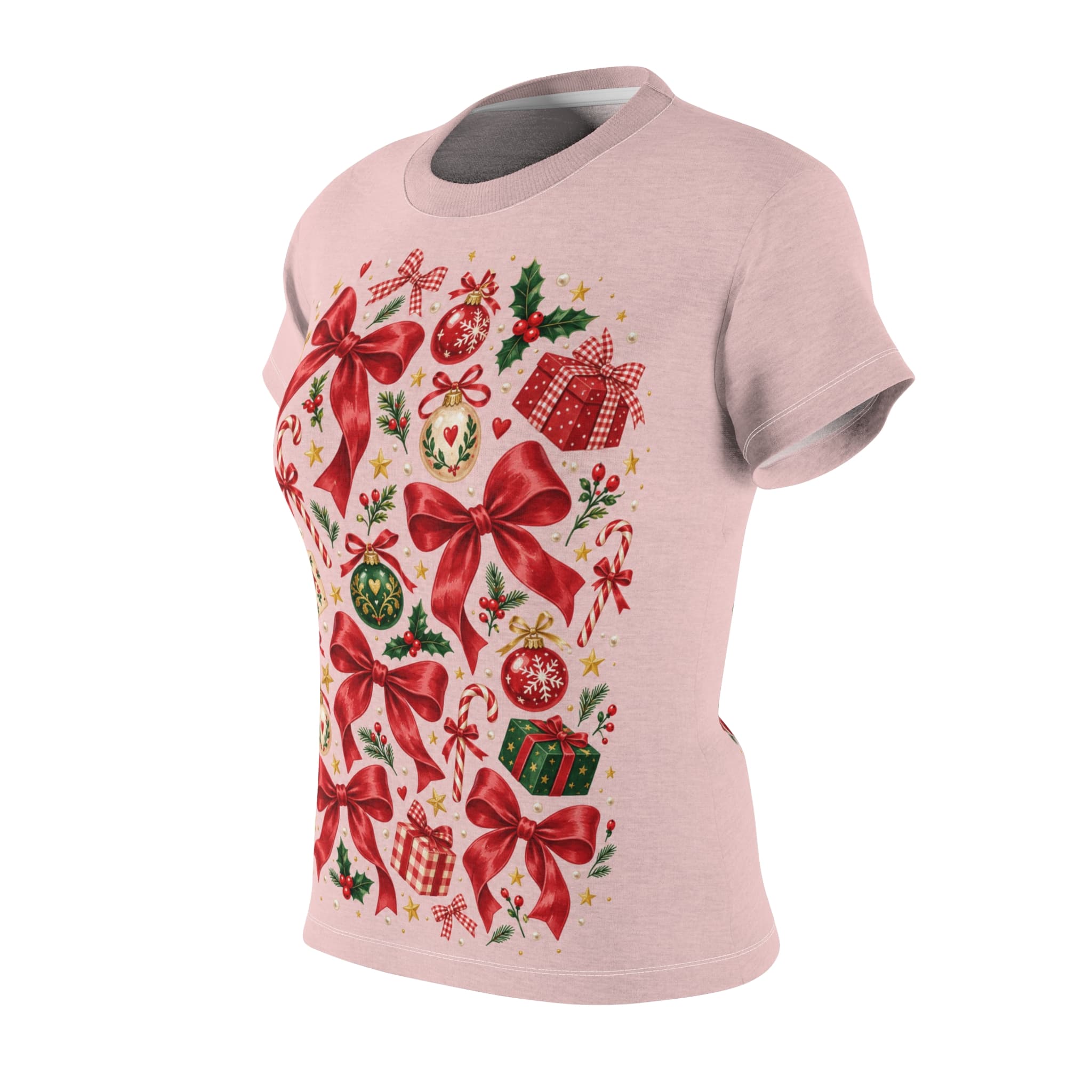 Women’s Tee Pink Christmas Bows & Ornaments Shirt - Image 4