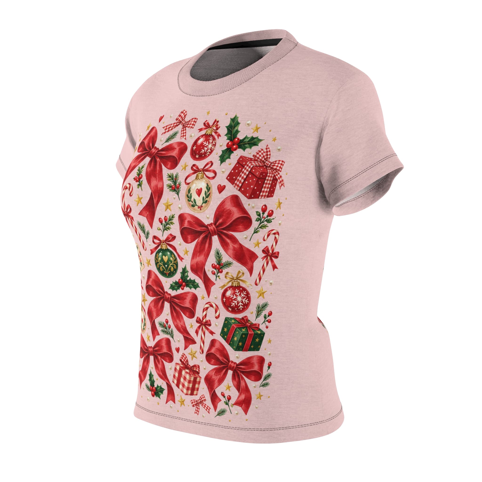 Women’s Tee Pink Christmas Bows & Ornaments Shirt - Image 10