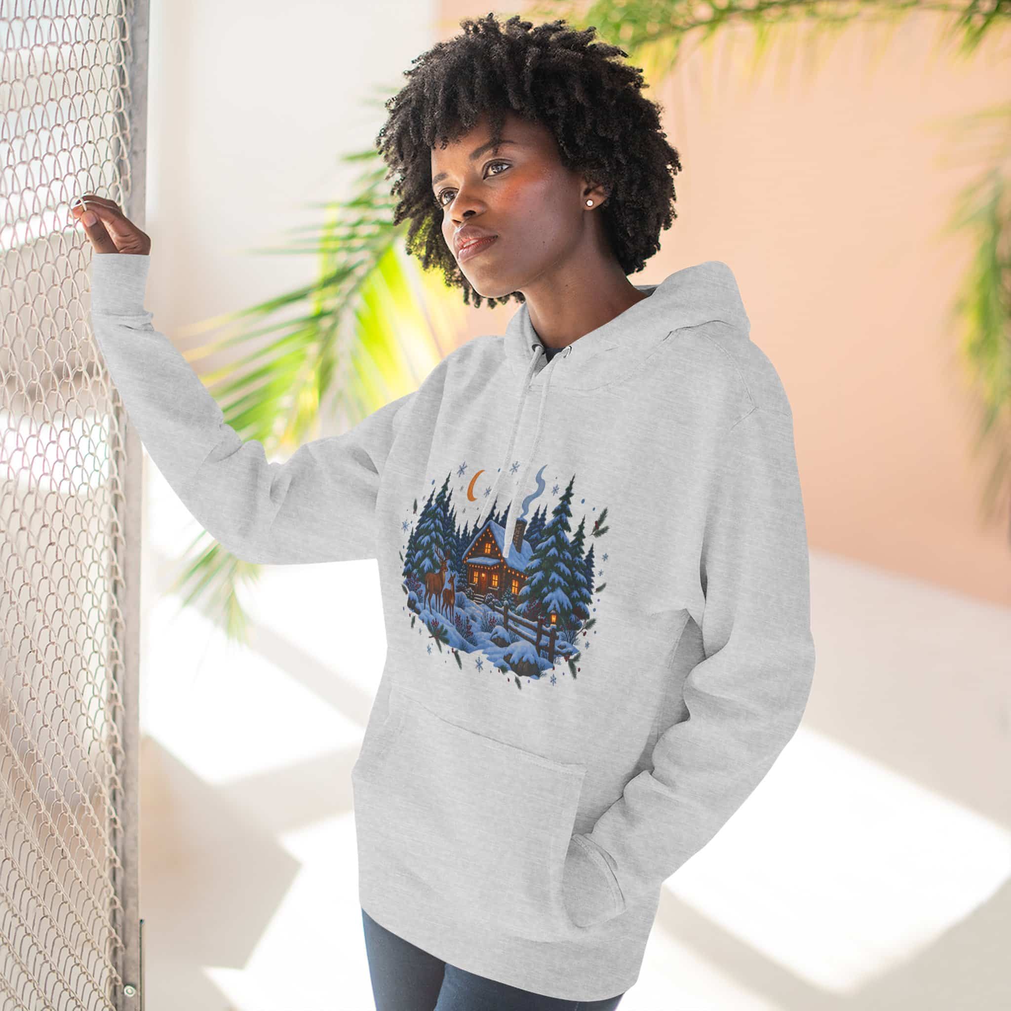 Woodland Winter Cabin Hoodie - Cozy Christmas Forest Stag Pine Trees Snowy Cabin Hoodie - Image 6
