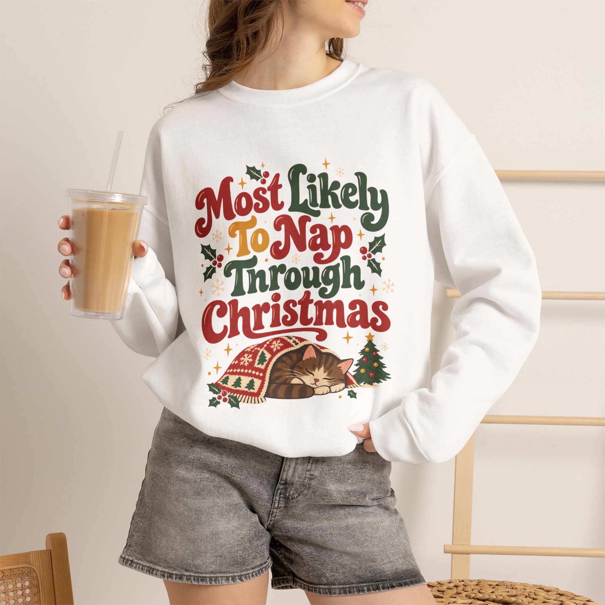 Most Likely To Nap Through Christmas Crewneck Sweatshirt — Sleepy Cat Holiday Pullover