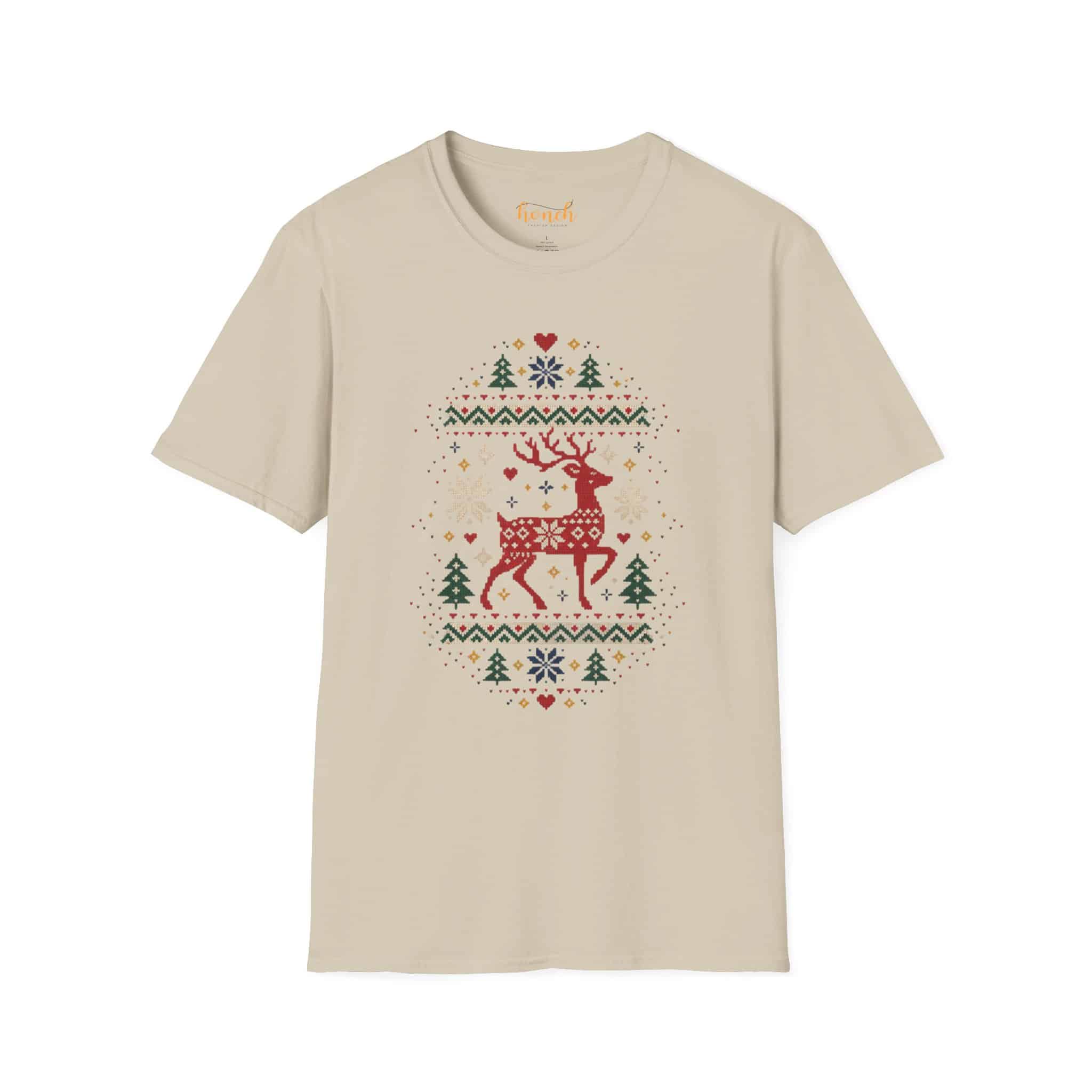 Fair Isle Reindeer Unisex Softstyle T-Shirt - Knit-Look Christmas Graphic Tee - Image 9