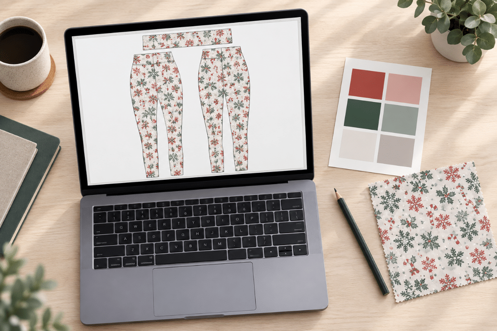Christmas leggings pattern design file Computer screen showing a Christmas pattern laid out on leggings panels next to a color swatch card