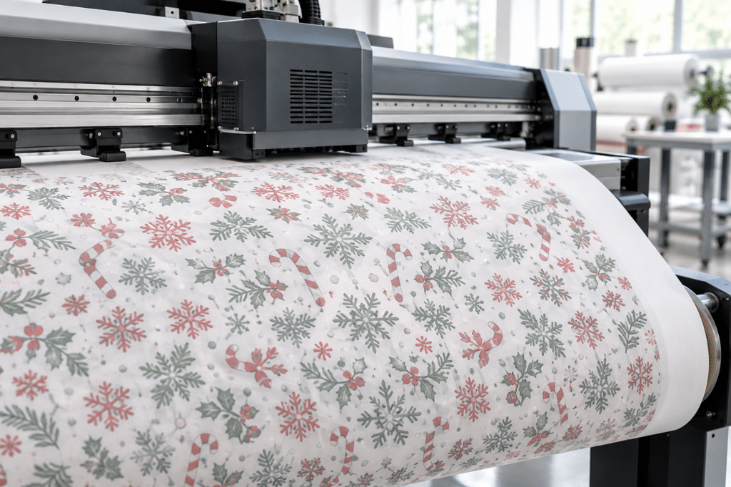 Printing Christmas pattern on transfer paper Wide-format printer printing a mirrored Christmas pattern onto a roll of heat transfer paper