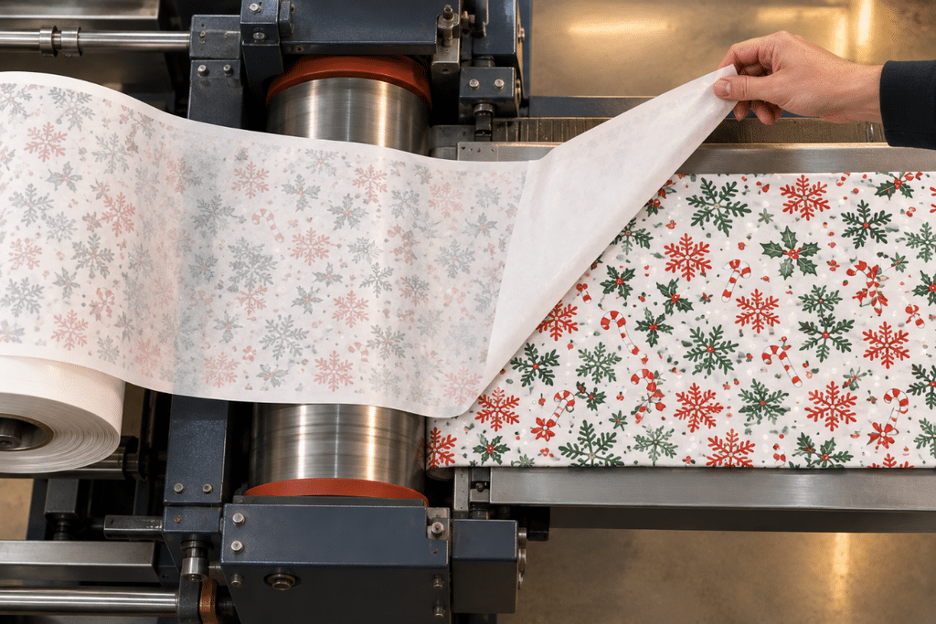 Sublimation heat press for Christmas leggings Heat press transferring a vivid Christmas pattern from paper onto polyester fabric