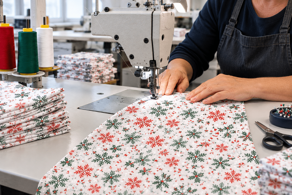 Sewing printed Christmas leggings Seamstress sewing printed Christmas legging panels together at a sewing machine