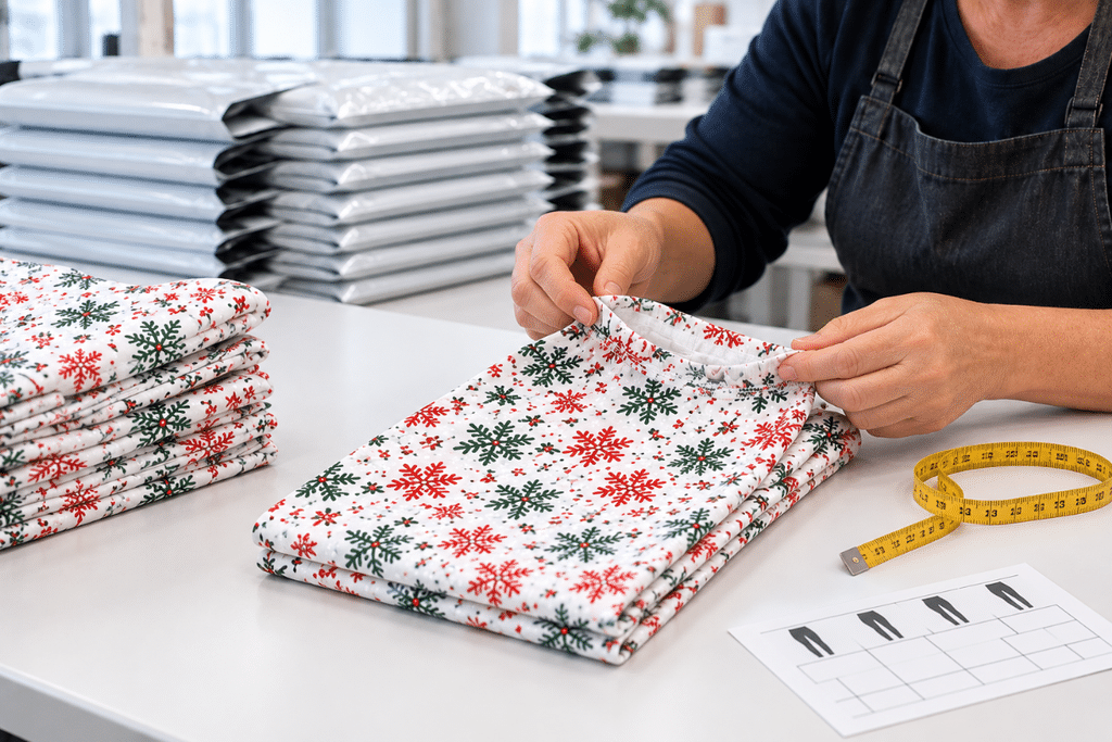 Quality check of Christmas leggings Folded Christmas leggings being measured and inspected before packing