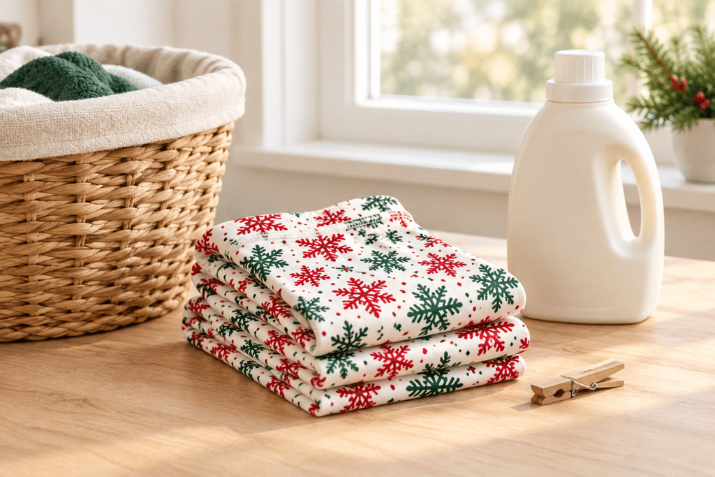 Caring for printed Christmas leggings Folded printed Christmas leggings next to a laundry basket and mild detergent