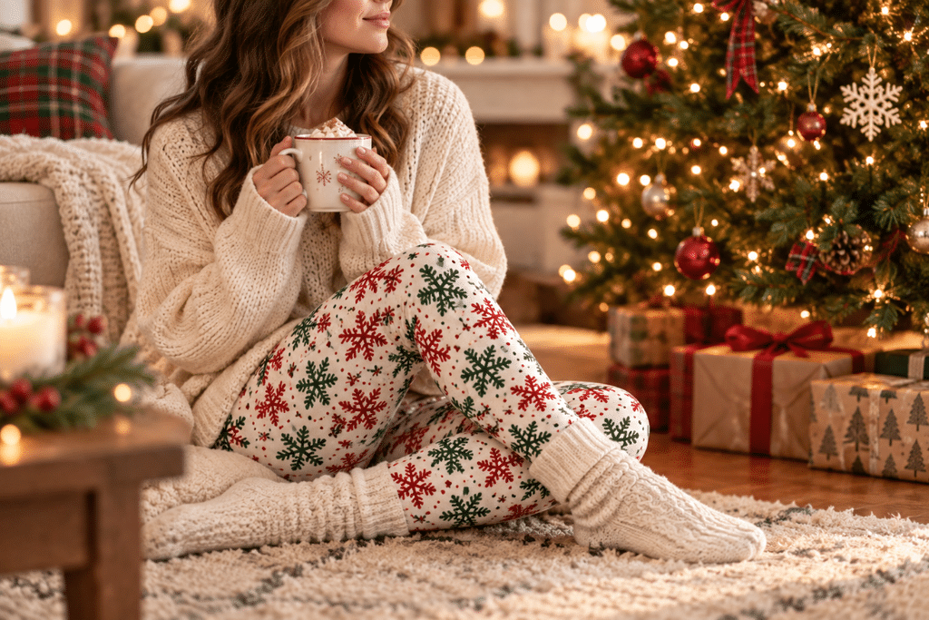 Styling Christmas leggings Woman in printed Christmas leggings and a cream sweater sitting near a decorated tree