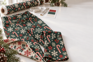 Green Christmas leggings with candy cane and snowflake patterns on a workbench next to fabric rolls and a color swatch card