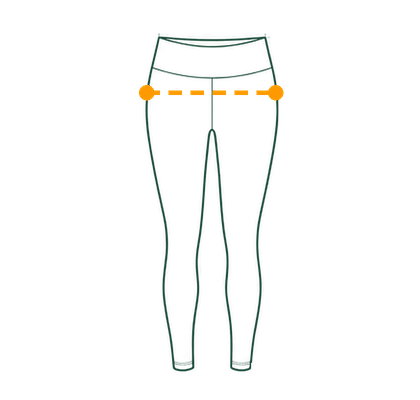 Leggings with a dashed line across the fullest part of the hips showing where to measure the hip