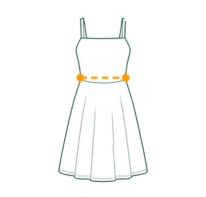 Dress with a dashed line at the natural waist showing where to measure the waist
